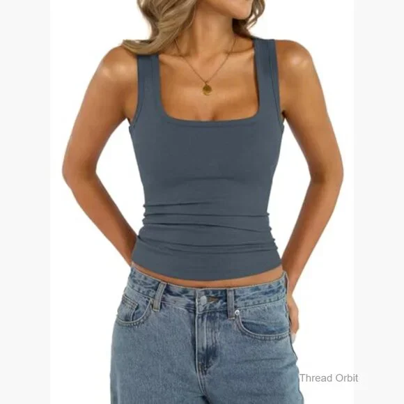 Ribbed Cotton Tank Top Square Neck Fitted Summer Cami Thin Straps - Picture 3 of 7